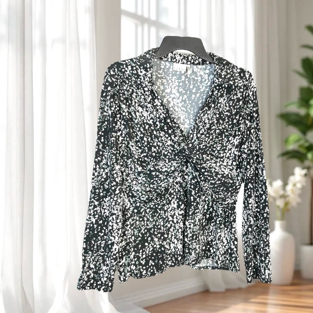 Nicki Nicole Miller Black White Gray Abstract Dots Twist Drape Front Blouse XL